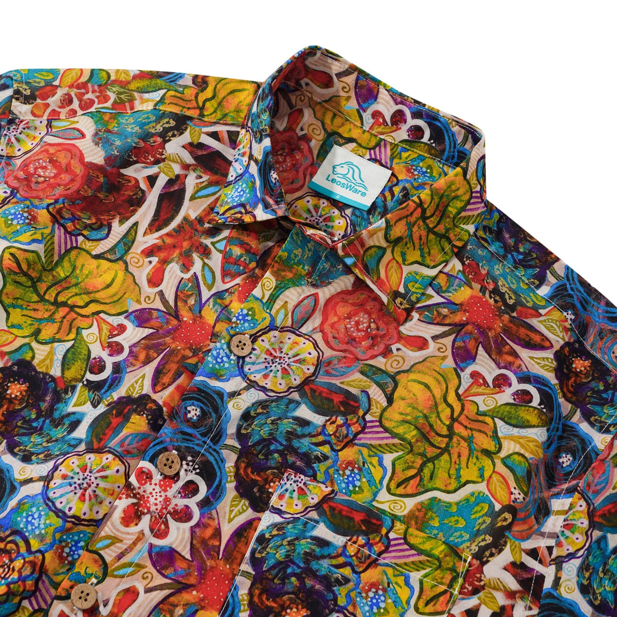 LeosWare® Men's Hawaiian Shirt Short Sleeve Button-up 100% Cotton Red Aloha Colorful Floral Fantasy