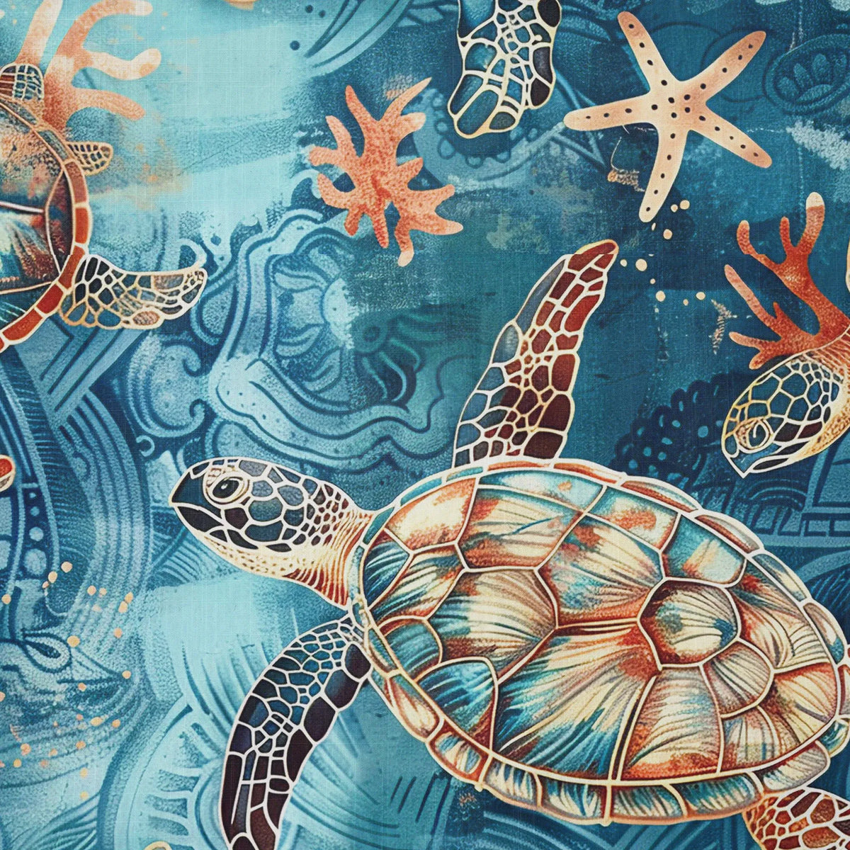 LeosWare® Men's Hawaiian Shirt Short Sleeve Button-up 100% Cotton Blue Aloha Golden Turtle Sea