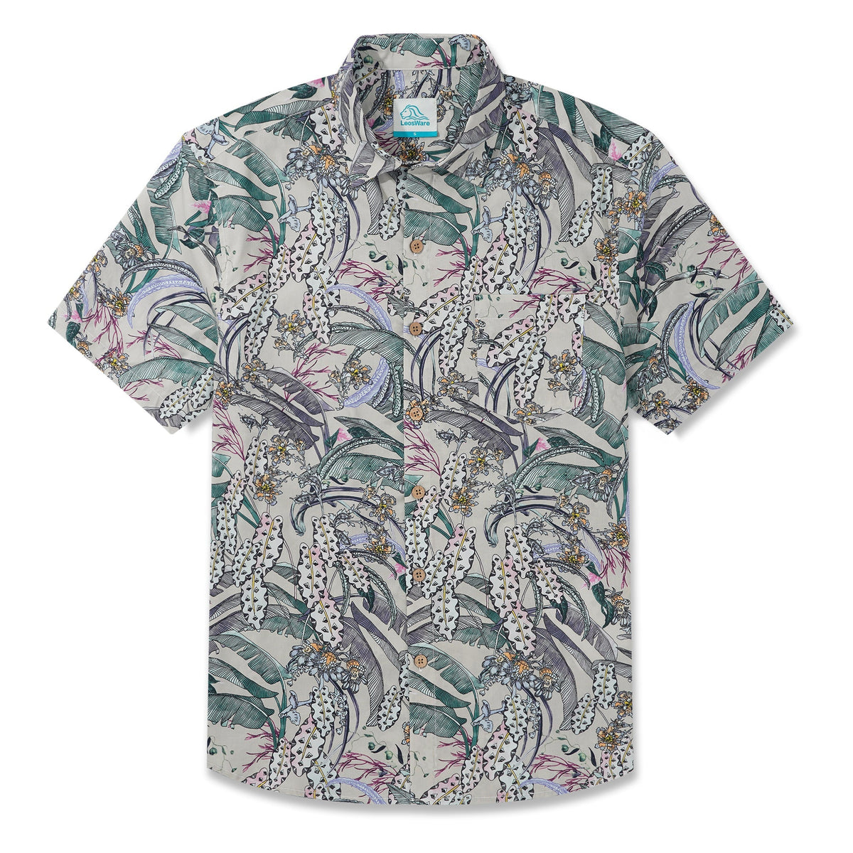 LeosWare® Men's Hawaiian Shirt Short Sleeve Button-up 100% Cotton Beige Aloha Fresh Tropical Plant Art