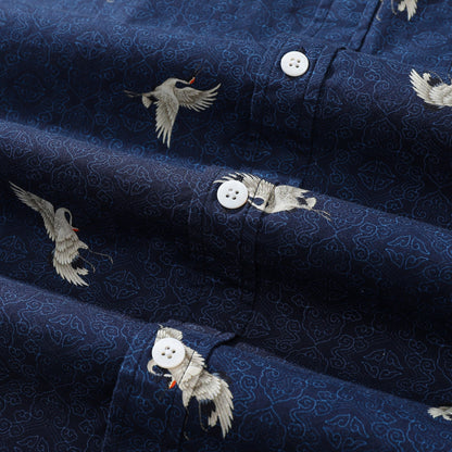 Hawaiian Shirt For Men Crane Print Short Sleeve Cotton Button Down - Blue