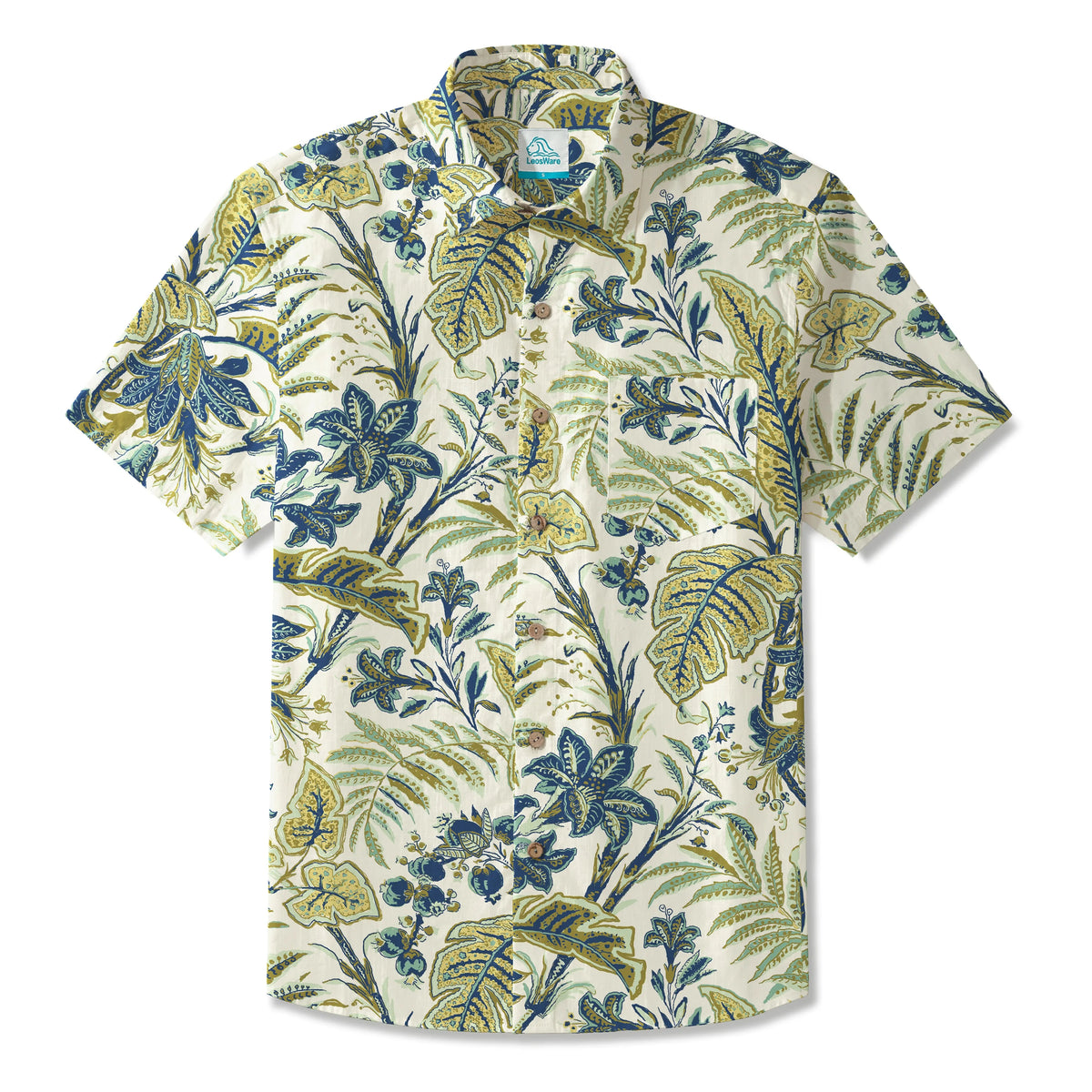 LeosWare® Men's Hawaiian Shirt Short Sleeve Button-up 100% Cotton Green Aloha Tropical Leaves