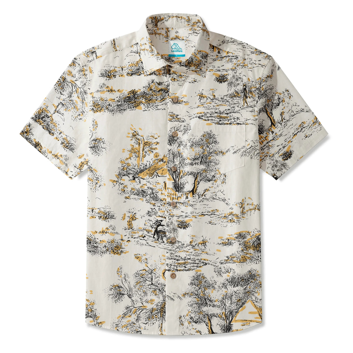 LeosWare® Men's Hawaiian Shirt Short Sleeve Button-up 100% Cotton Beige Aloha Countryside Idyll Sketchbook