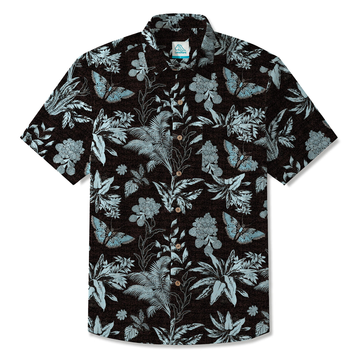 LeosWare® Men's Hawaiian Shirt Short Sleeve Button-up 100% Cotton Black Aloha Mystical Flowers And Butterflies