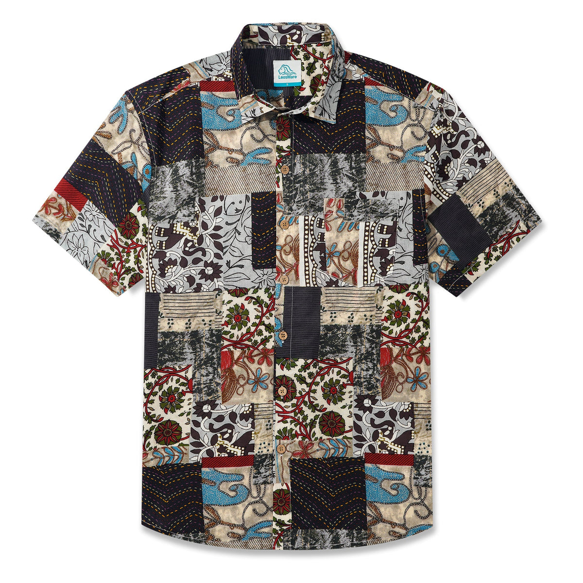 LeosWare® Men's Hawaiian Shirt Short Sleeve Button-up 100% Cotton Brown Aloha Vintage Patchwork Wonderland