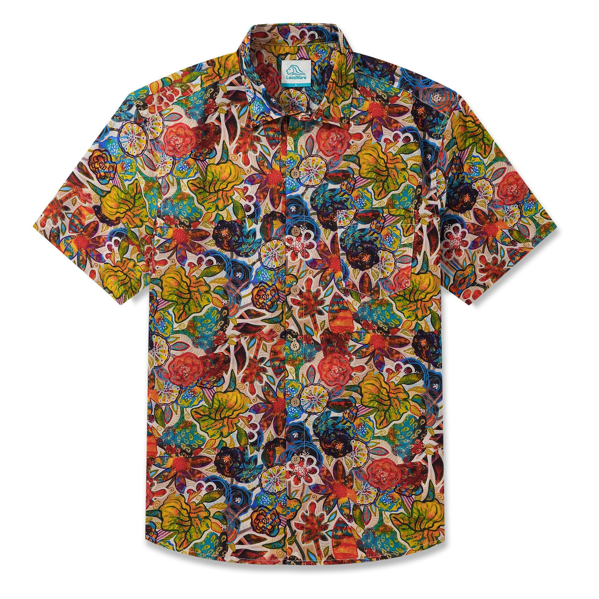 LeosWare® Men's Hawaiian Shirt Short Sleeve Button-up 100% Cotton Red Aloha Colorful Floral Fantasy