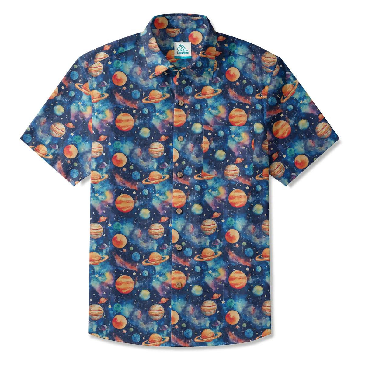 LeosWare® Men's Hawaiian Shirt Short Sleeve Button-up 100% Cotton Blue Aloha Starry Journey