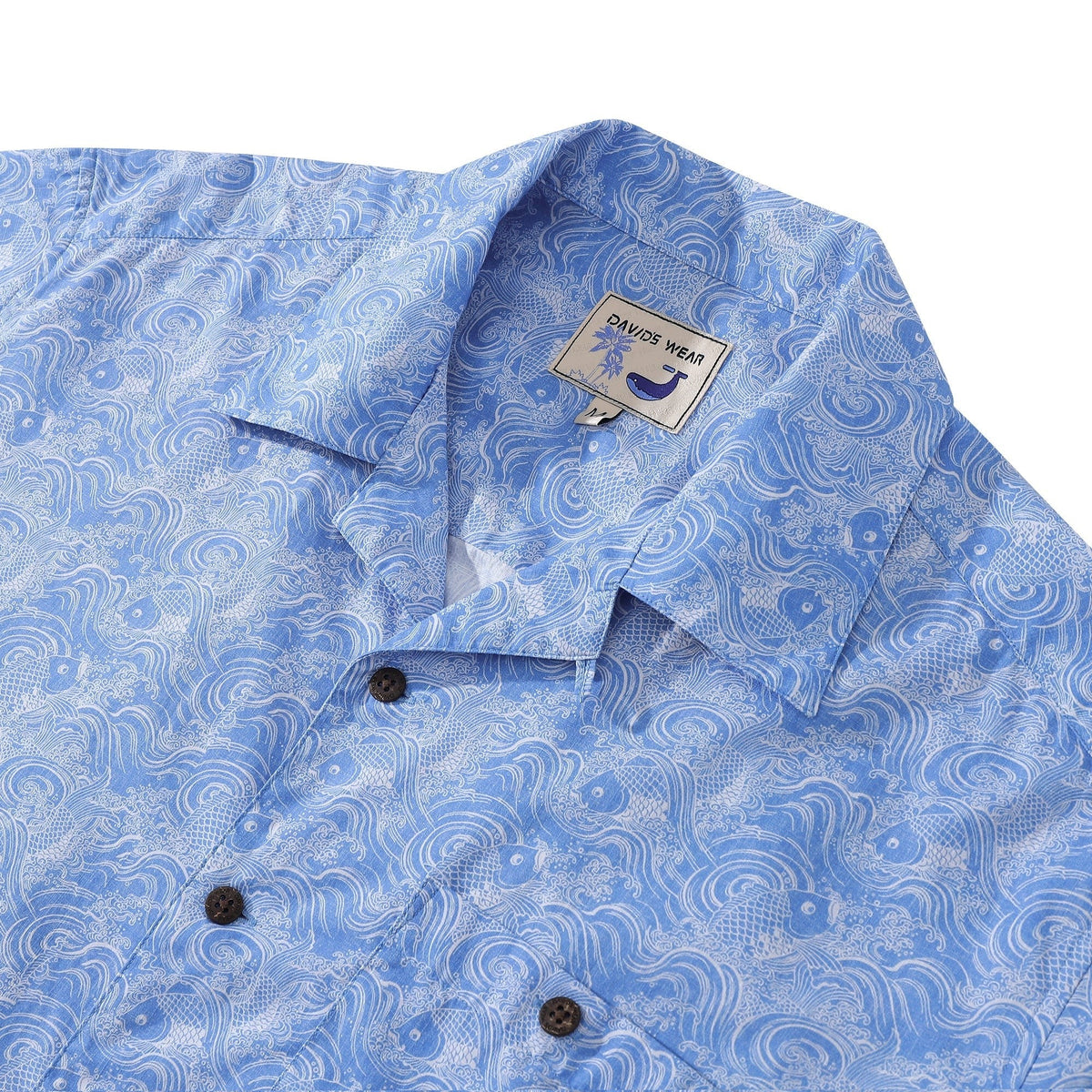 Hawaiian Shirts For Men Traditional Koi Carp Printed 100% Cotton Short Sleeve - Blue