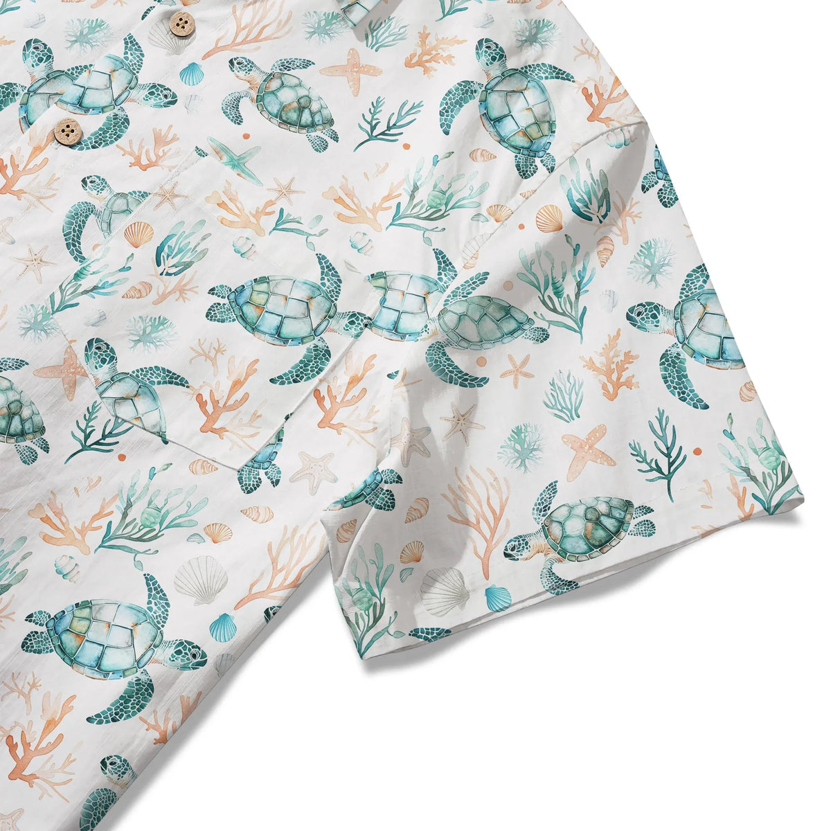 LeosWare® Men's Hawaiian Shirt Short Sleeve Button-up 100% Cotton Blue Aloha Coral Wonderland Of The Sea Turtle