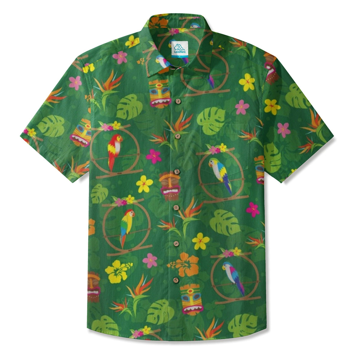 LeosWare® Men's Hawaiian Shirt Short Sleeve Button-up Breathable & Quick-Dry Aloha Jungle-inspired Tiki Art