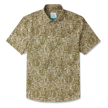 LeosWare® Men's Hawaiian Shirt Short Sleeve Button-up 100% Cotton Yellow Aloha Exotic Tribal Art Patterns