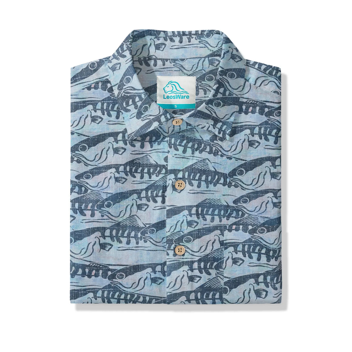 LeosWare® Men's Hawaiian Shirt Short Sleeve Button-up 100% Cotton Blue Aloha Ink Wave Fish Formation