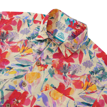 LeosWare® Men's Hawaiian Shirt Short Sleeve Button-up 100% Cotton Red Aloha Spring Floral Illustration