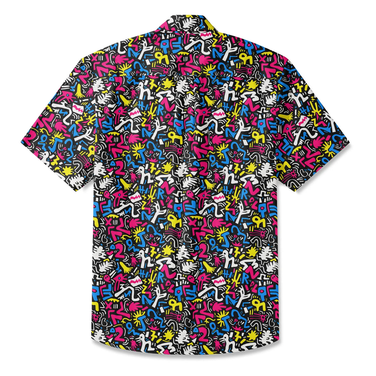 LeosWare® Men's Hawaiian Shirt Short Sleeve Button-up 100% Cotton Black Aloha Graffiti Fun