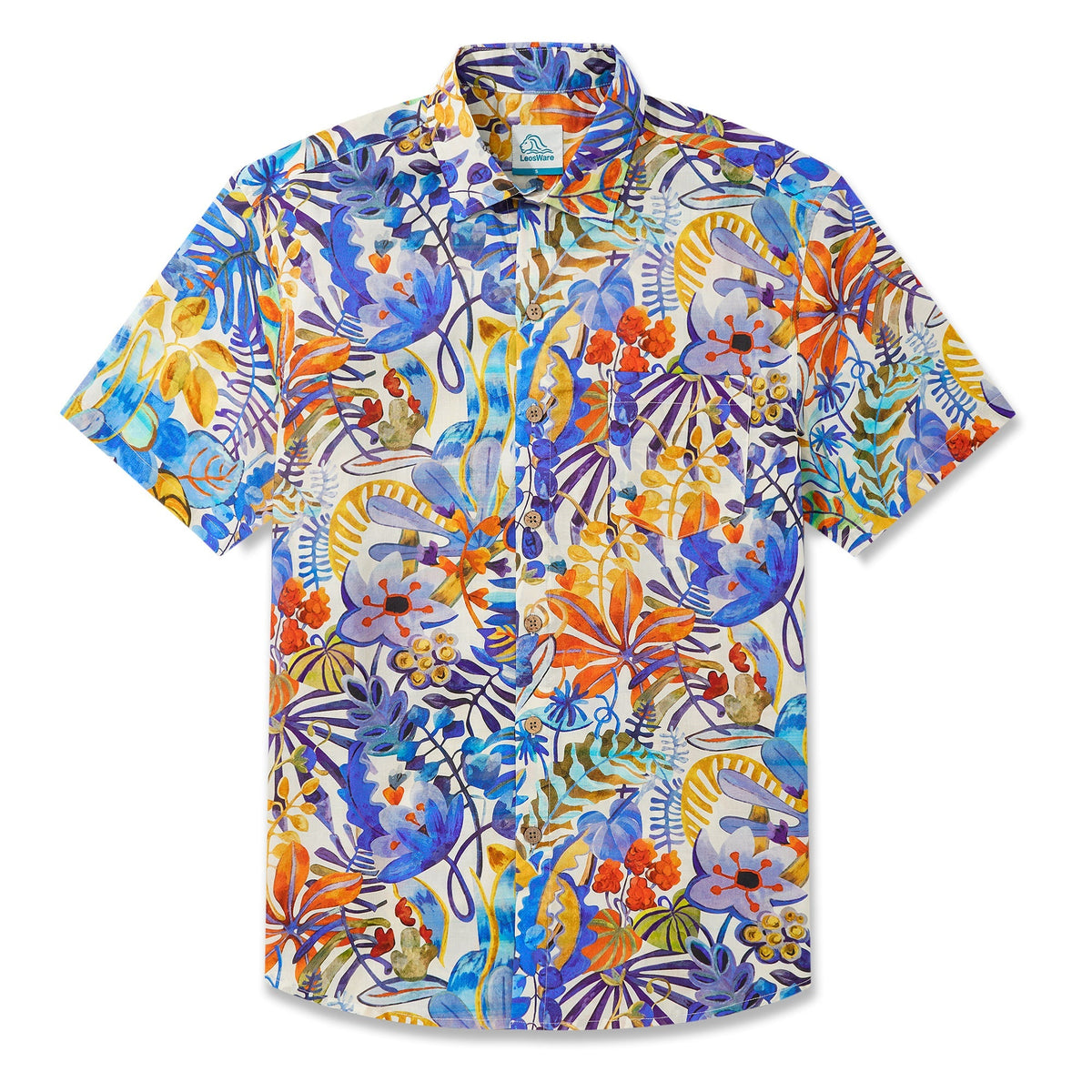 LeosWare® Men's Hawaiian Shirt Short Sleeve Button-up 100% Cotton Blue Aloha Tropical Floral Painting
