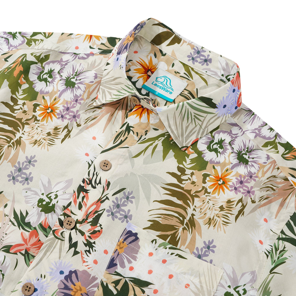 LeosWare® Men's Hawaiian Shirt Short Sleeve Button-up 100% Cotton Beige Aloha Tropical Flower Silhouette