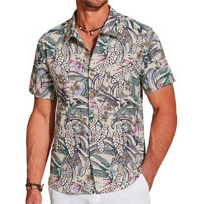 LeosWare® Men's Hawaiian Shirt Short Sleeve Button-up 100% Cotton Beige Aloha Fresh Tropical Plant Art