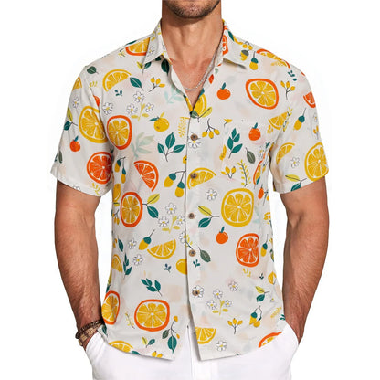 LeosWare® Men's Hawaiian Shirt Short Sleeve Button-up 100% Cotton Yellow Aloha Summer Fruit Guide