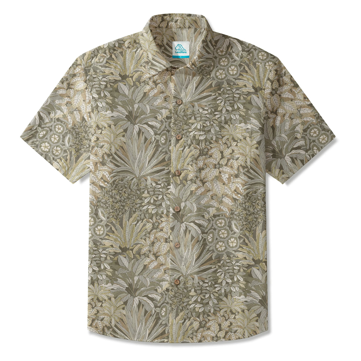 LeosWare® Men's Hawaiian Shirt Short Sleeve Button-up 100% Cotton Beige Aloha Vintage Rainforest Treasures
