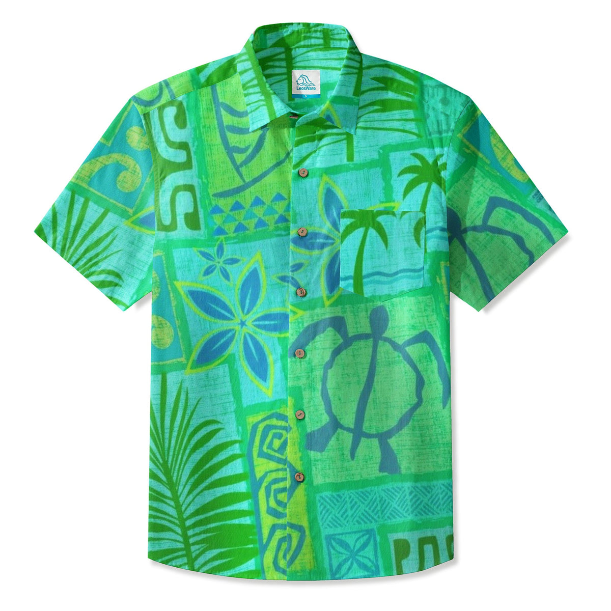 LeosWare® Men's Hawaiian Shirt Short Sleeve Button-up Breathable & Quick-Dry Aloha Tiki Mood(island Blue)