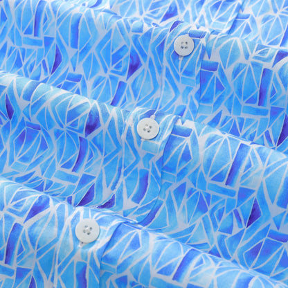 Men's Short Sleeve Shirt Men Hawaii Blue Geometry Print Cotton Button Down