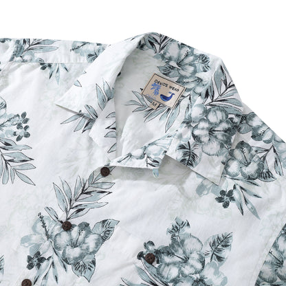 1920s Vintage Men's Hawaiian Shirt Hibiscus Egg Flower Turtle Shell Bamboo and Palm Leaf Print Camp Aloha Shirt