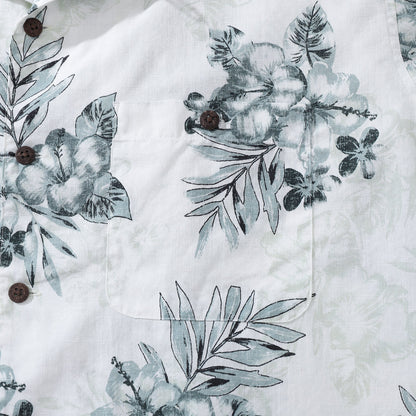 1920s Vintage Men's Hawaiian Shirt Hibiscus Egg Flower Turtle Shell Bamboo and Palm Leaf Print Camp Aloha Shirt