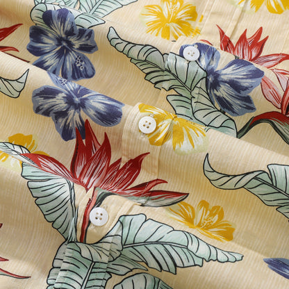 1940s Vintage Hawaiian Shirts For Men Bird of Paradise and Hibiscus Flower Print Shirt 100% Cotton