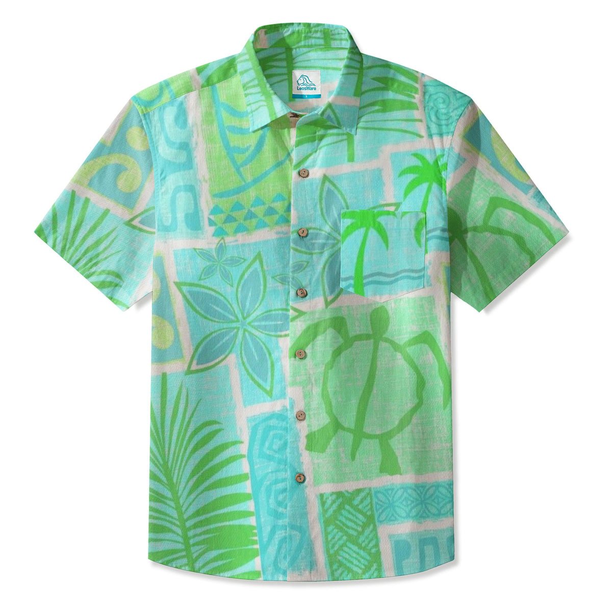 LeosWare® Men's Hawaiian Shirt Short Sleeve Button-up Breathable & Quick-Dry Aloha Tiki Mood(Aqua Green)