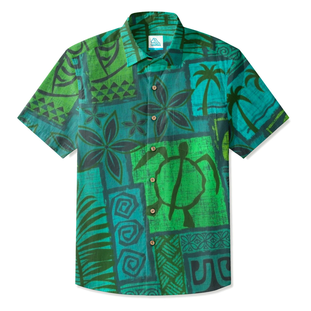 LeosWare® Men's Hawaiian Shirt Short Sleeve Button-up Breathable & Quick-Dry Aloha Tiki Mood(Aqua Green)