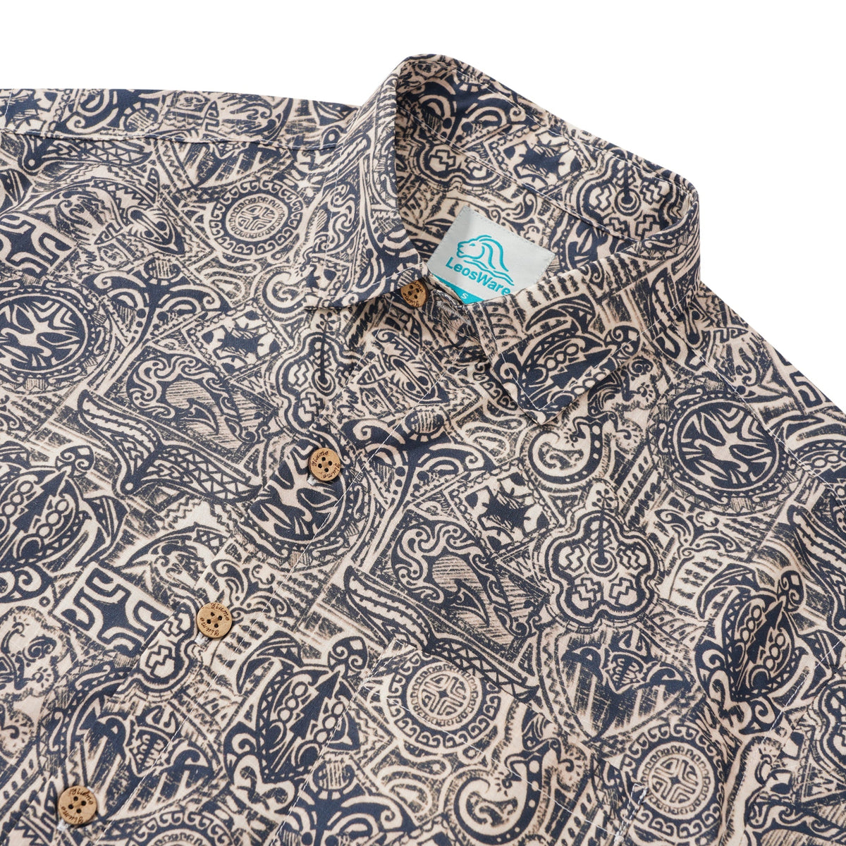 LeosWare® Men's Hawaiian Shirt Short Sleeve Button-up 100% Cotton Blue Aloha Exotic Tribe Gray-blue Art Pattern Painting