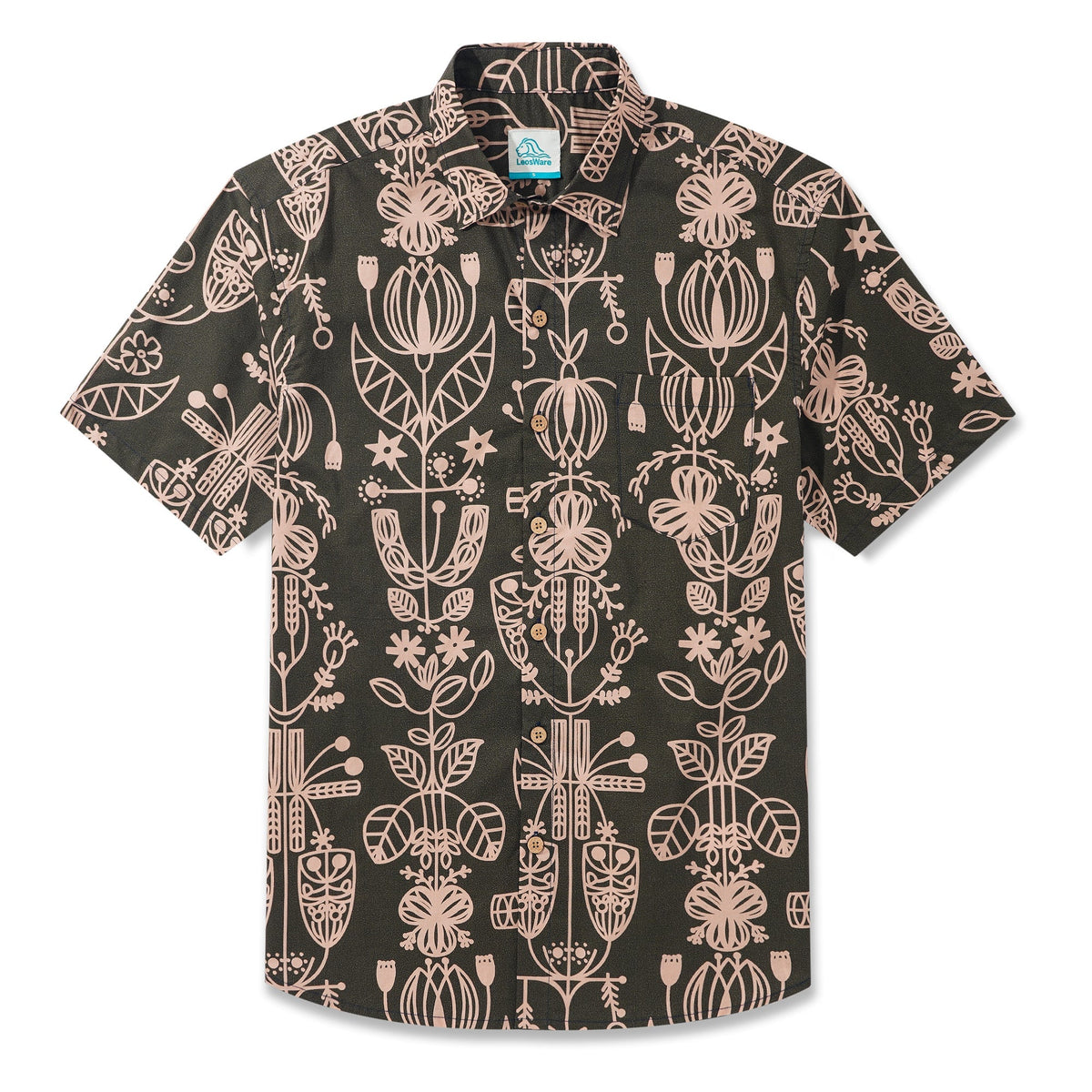 LeosWare® Men's Hawaiian Shirt Short Sleeve Button-up 100% Cotton Brown Aloha Olive Green And Light Pink Artistic Floral Decoration