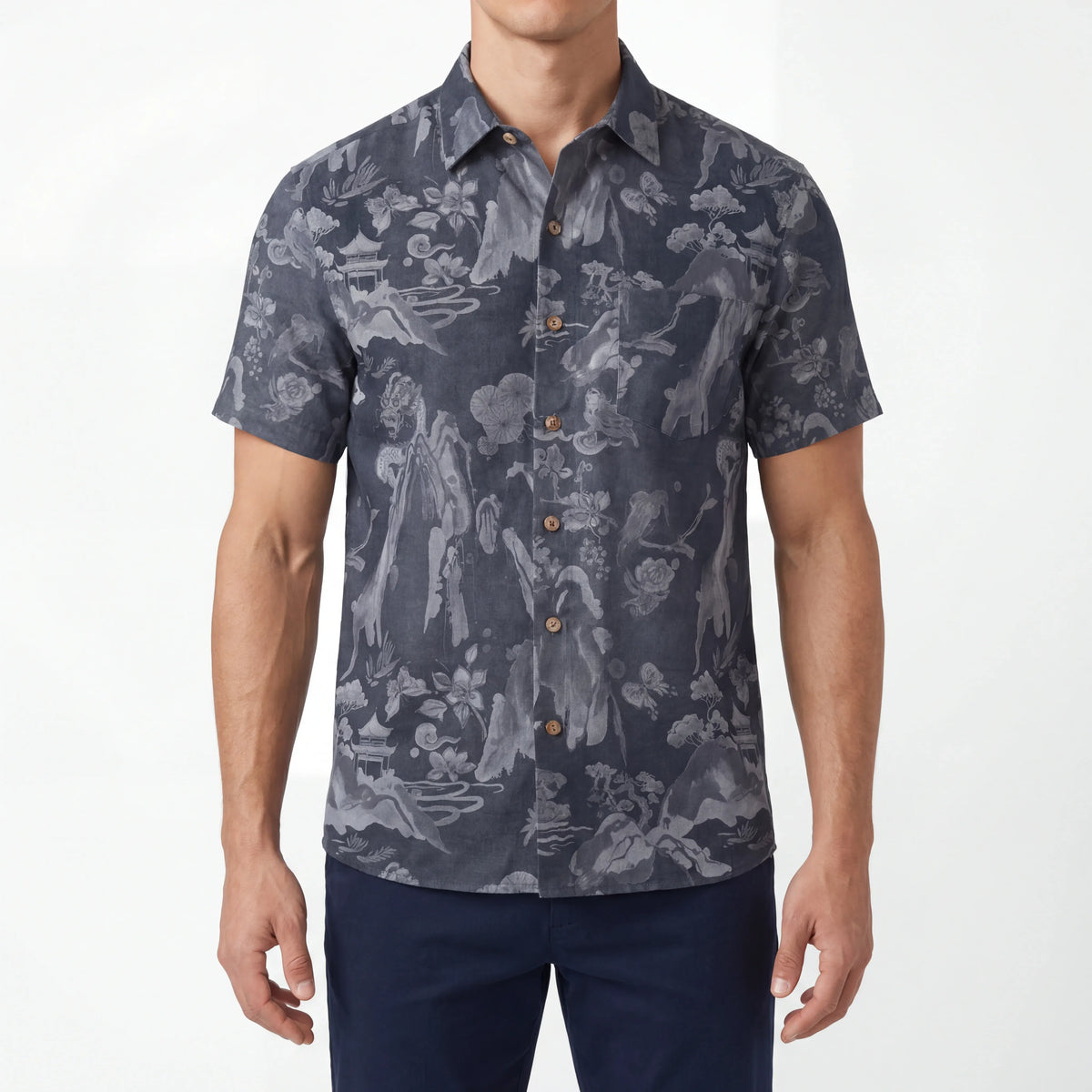 LeosWare® Men's Hawaiian Shirt Short Sleeve Button-up 100% Cotton Gray Aloha Eastern Mountain Ranges And Dragons