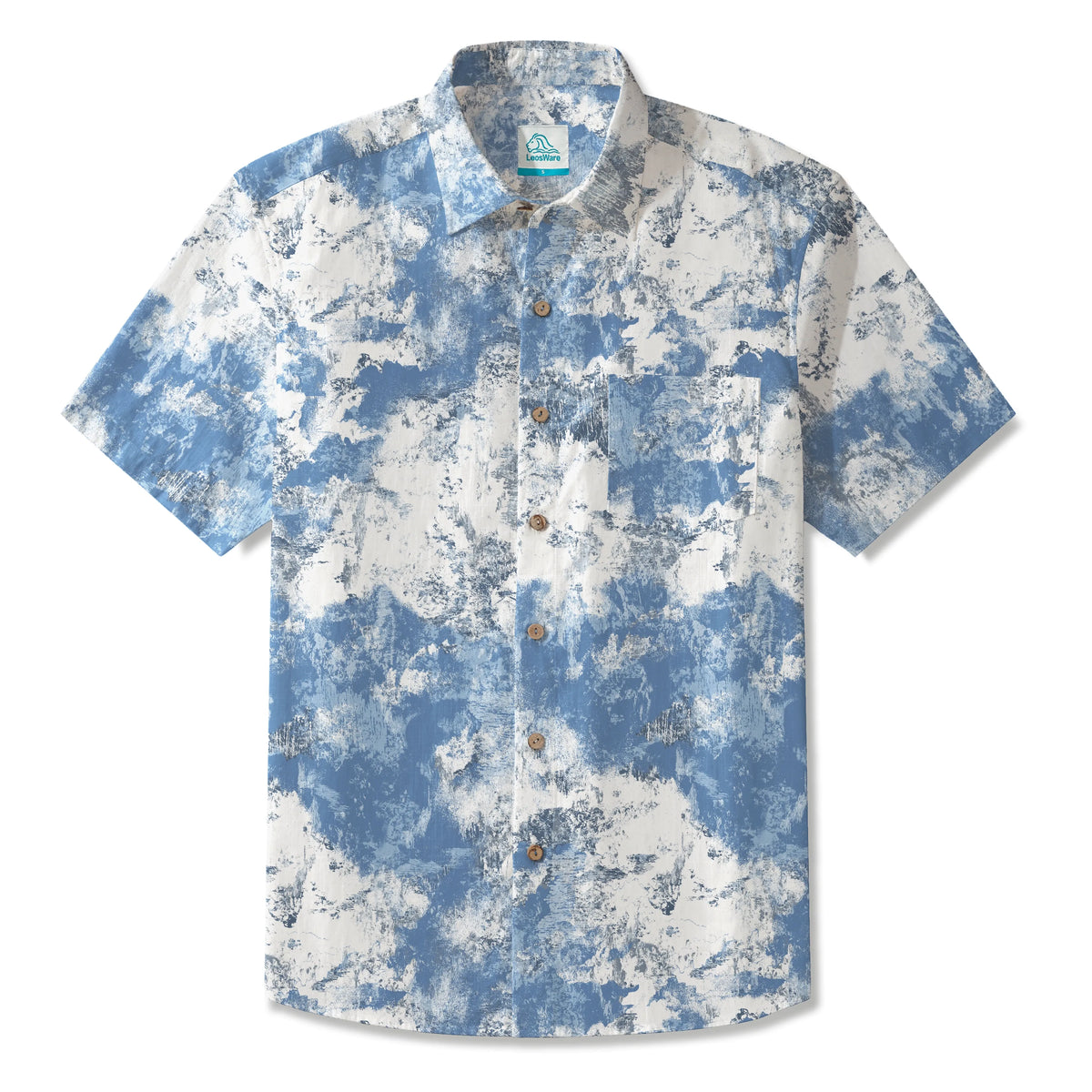 LeosWare® Men's Hawaiian Shirt Short Sleeve Button-up 100% Cotton Blue Aloha Blue And White Abstract Dream