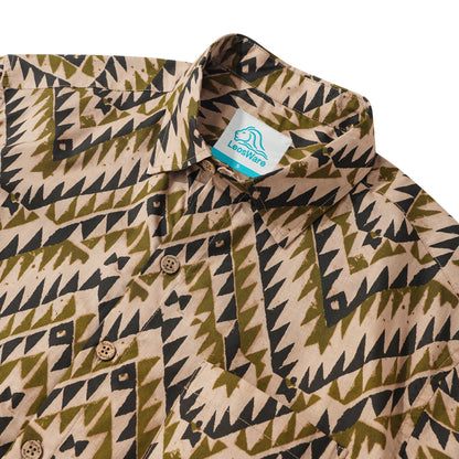 LeosWare® Men's Hawaiian Shirt Short Sleeve Button-up 100% Cotton Brown Aloha Exotic Tribe Geometric Pattern Painting