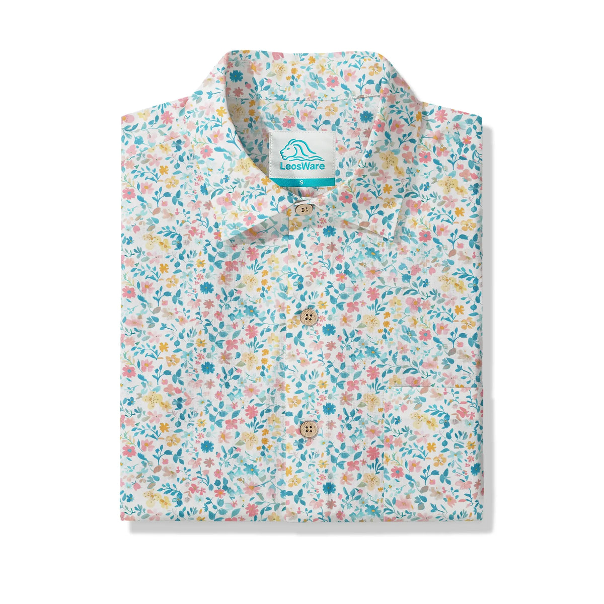 LeosWare® Flower Men's Hawaiian Shirt Short Sleeve Button-up 100% Cotton Beige Aloha Spring Whispers
