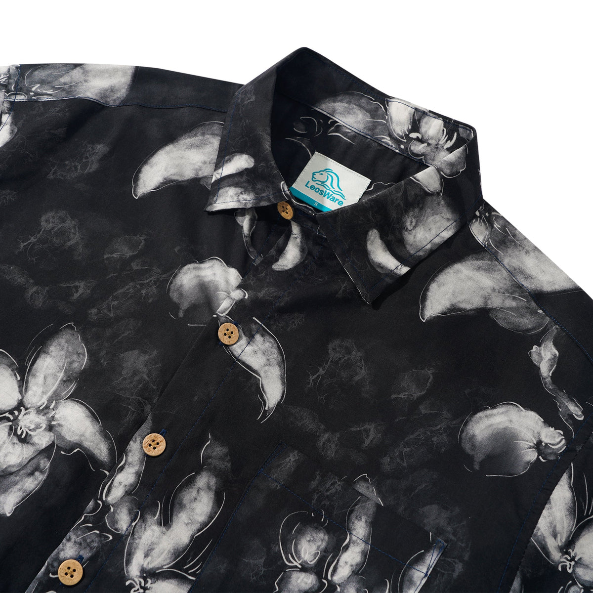 LeosWare® Men's Hawaiian Shirt Short Sleeve Button-up 100% Cotton Black Aloha Ink Wash Floral Silhouette