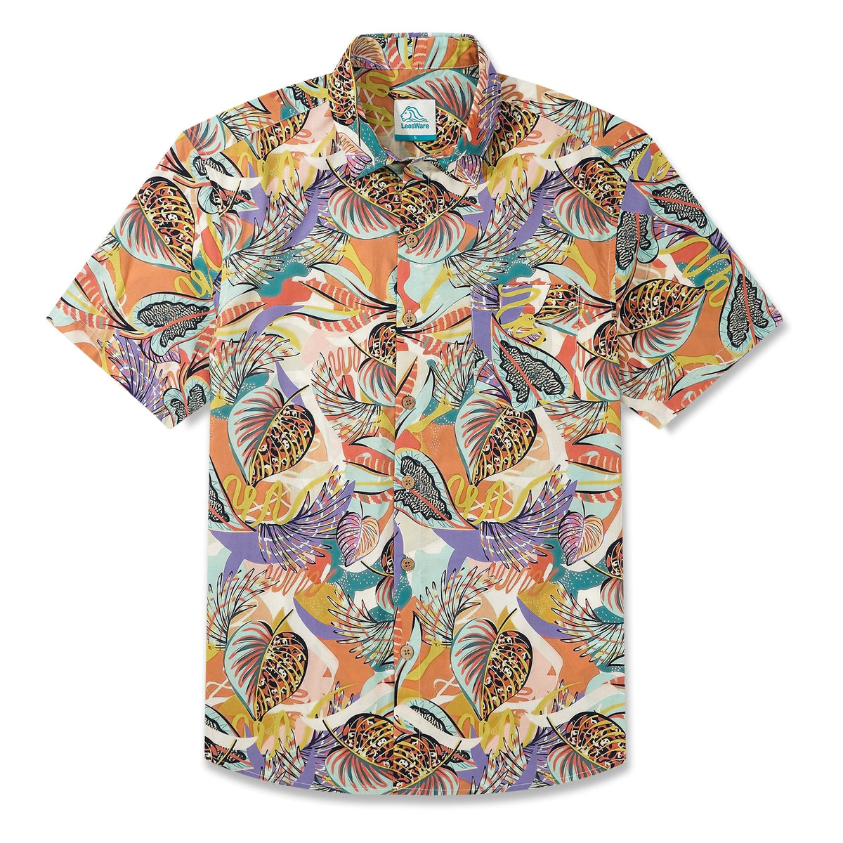 LeosWare® Men's Hawaiian Shirt Short Sleeve Button-up 100% Cotton Brown Aloha Tropical Plant Fusion Art Print