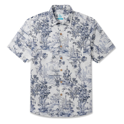 LeosWare® Men's Hawaiian Shirt Short Sleeve Button-up 100% Cotton Beige Aloha Vintage Hand-drawn Exotic Landscapes