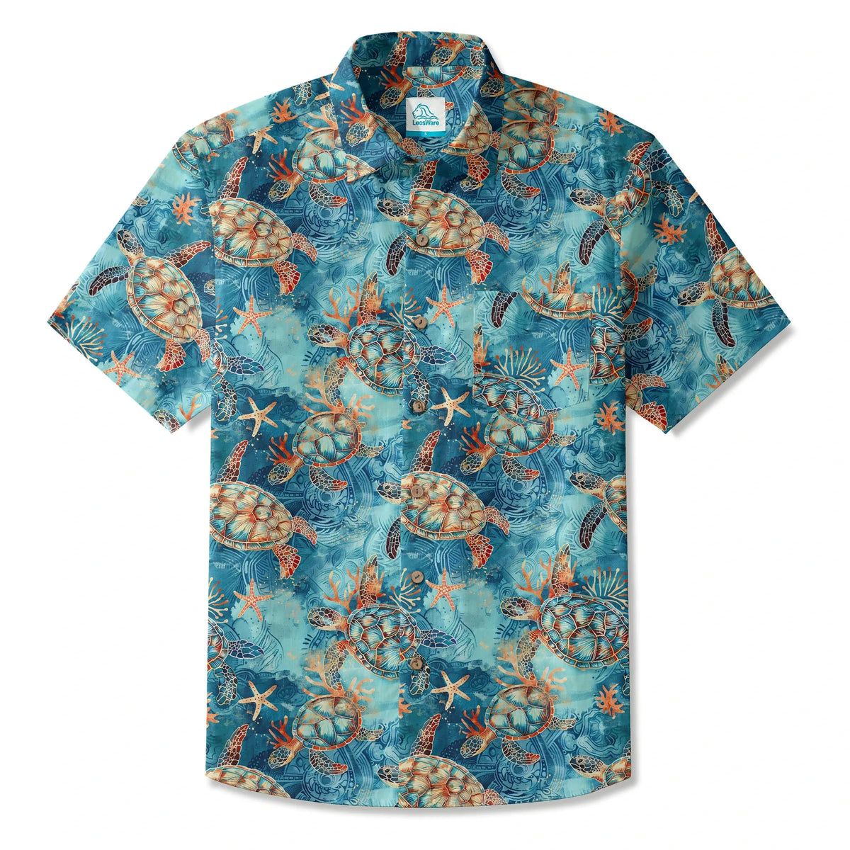 LeosWare® Men's Hawaiian Shirt Short Sleeve Button-up 100% Cotton Blue Aloha Golden Turtle Sea