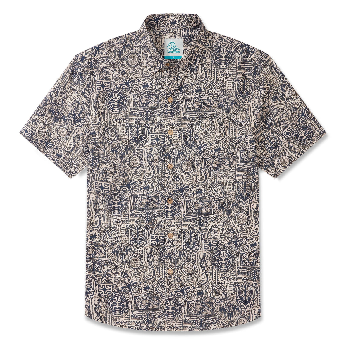 LeosWare® Men's Hawaiian Shirt Short Sleeve Button-up 100% Cotton Blue Aloha Exotic Tribe Gray-blue Art Pattern Painting