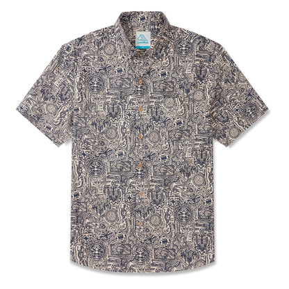 LeosWare® Men's Hawaiian Shirt Short Sleeve Button-up 100% Cotton Blue Aloha Exotic Tribe Gray-blue Art Pattern Painting