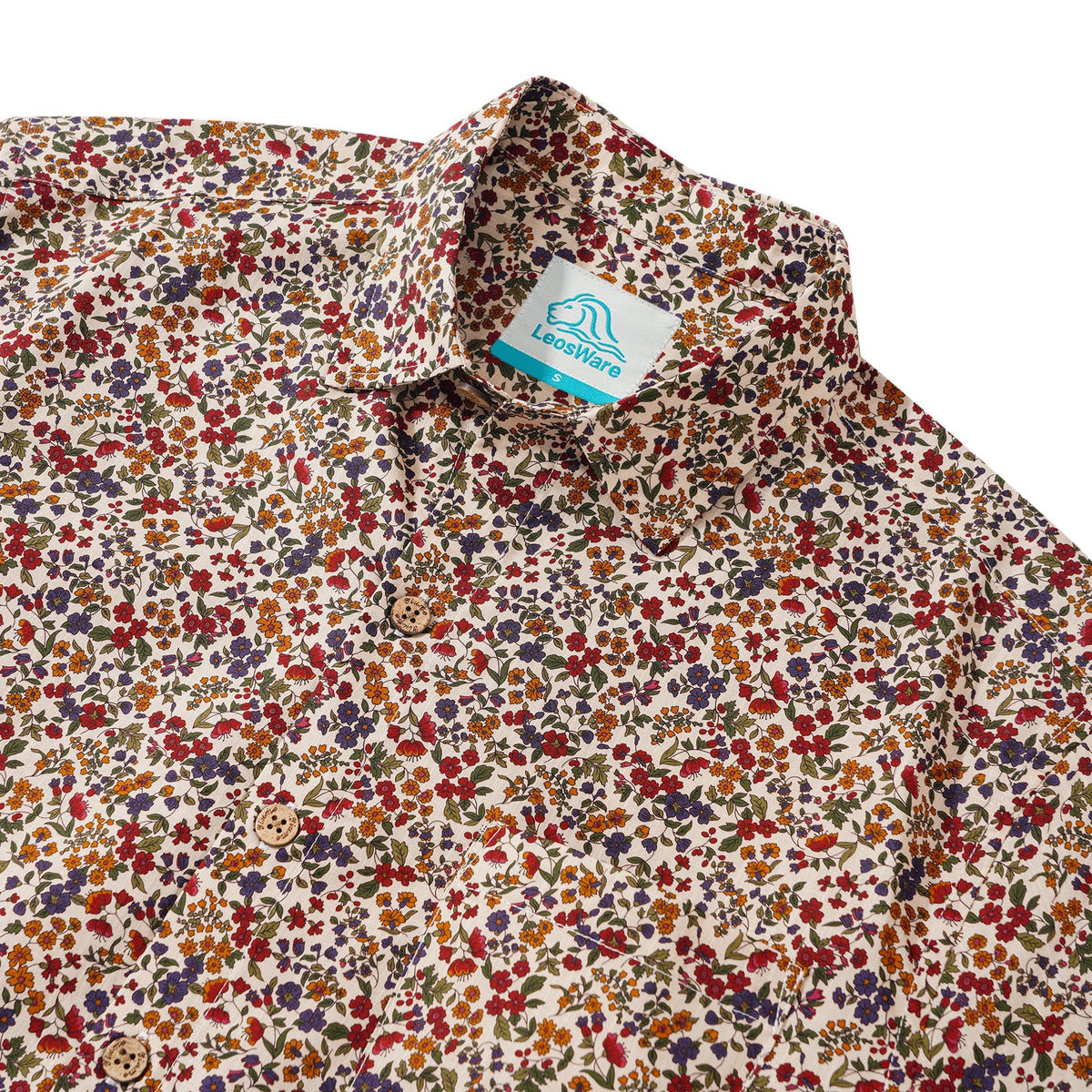 LeosWare® Men's Hawaiian Shirt Short Sleeve Button-up 100% Cotton Red Aloha Colorful Countryside Small Floral Pattern Painting