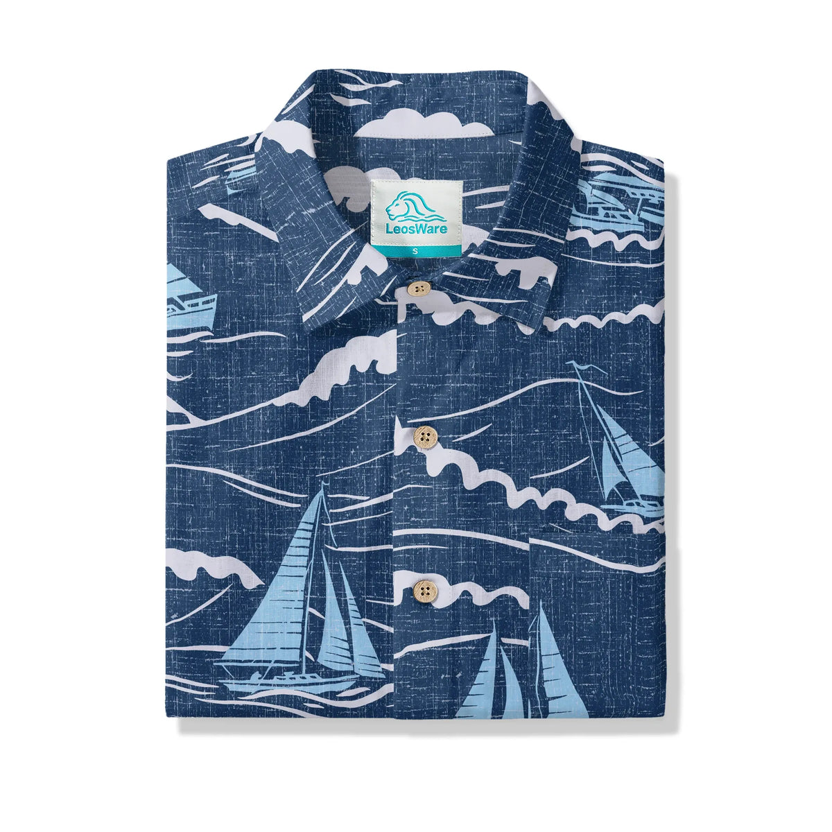 LeosWare® Sailboat Men's Hawaiian Shirt Short Sleeve Button-up 100% Cotton Blue Aloha Blue Sail Adventure