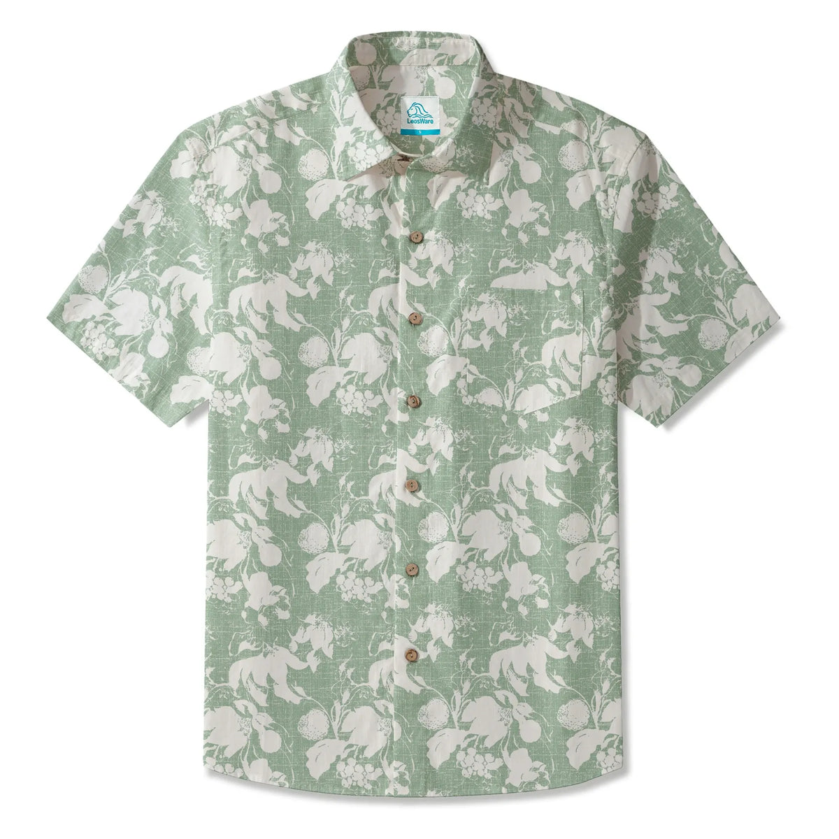 LeosWare® Flower Men's Hawaiian Shirt Short Sleeve Button-up 100% Cotton Green Aloha Verdant Memoirs