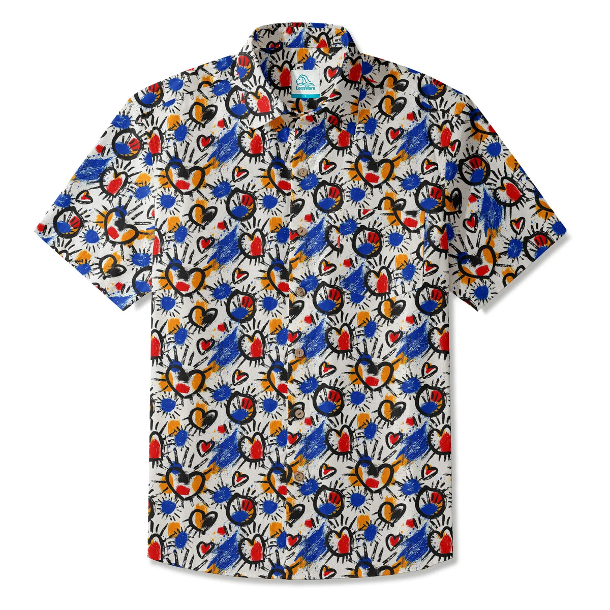 LeosWare® Men's Hawaiian Shirt Short Sleeve Button-up 100% Cotton White Aloha Color Clash Heart Mango