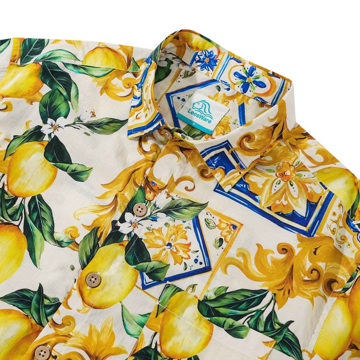 LeosWare® Men's Hawaiian Shirt Short Sleeve Button-up 100% Cotton Yellow Aloha Romantic Interplay Of Lemon And Patterns