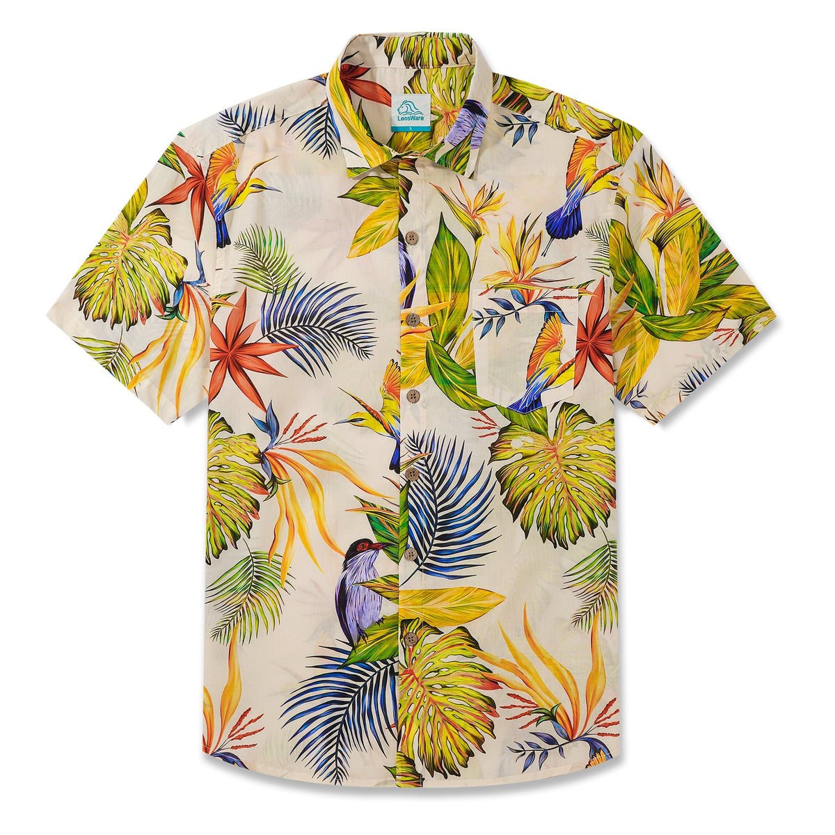 LeosWare® Men's Hawaiian Shirt Short Sleeve Button-up 100% Cotton Beige Aloha Tropical Jungle Bird Illustration