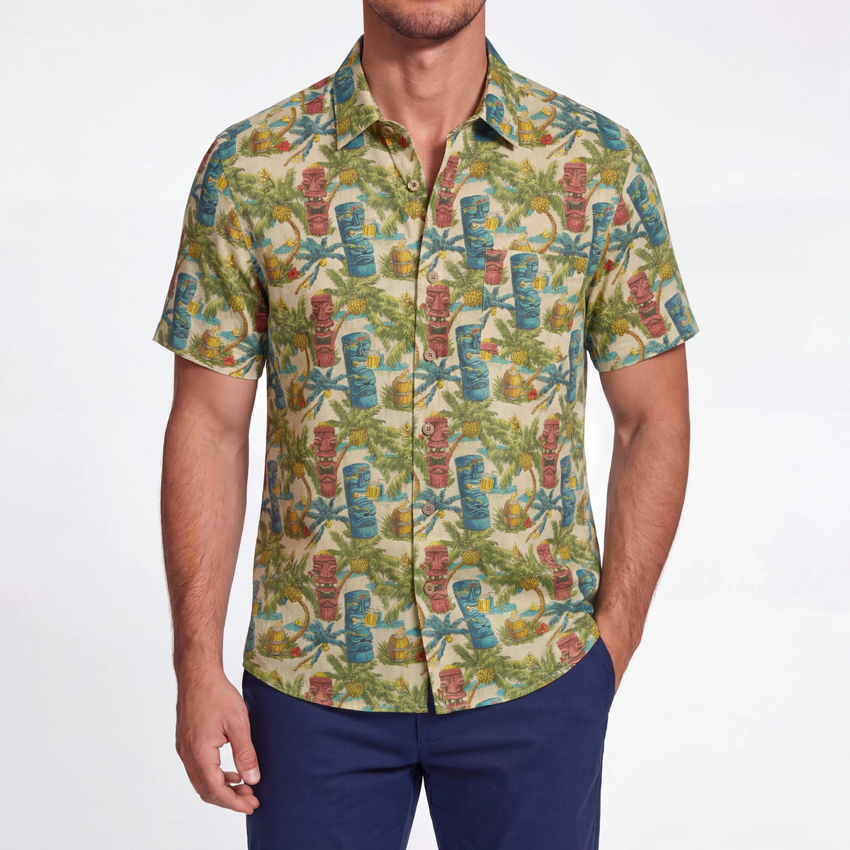 LeosWare® Men's Hawaiian Shirt Short Sleeve Button-up 100% Cotton Green Aloha Tiki's Coconut Island Carnival