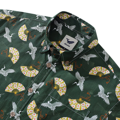 Men's Hawaiian Shirt Luck of the Cranes Print BY Julia Madoka Cotton Button-down Short Sleeve Aloha Shirt