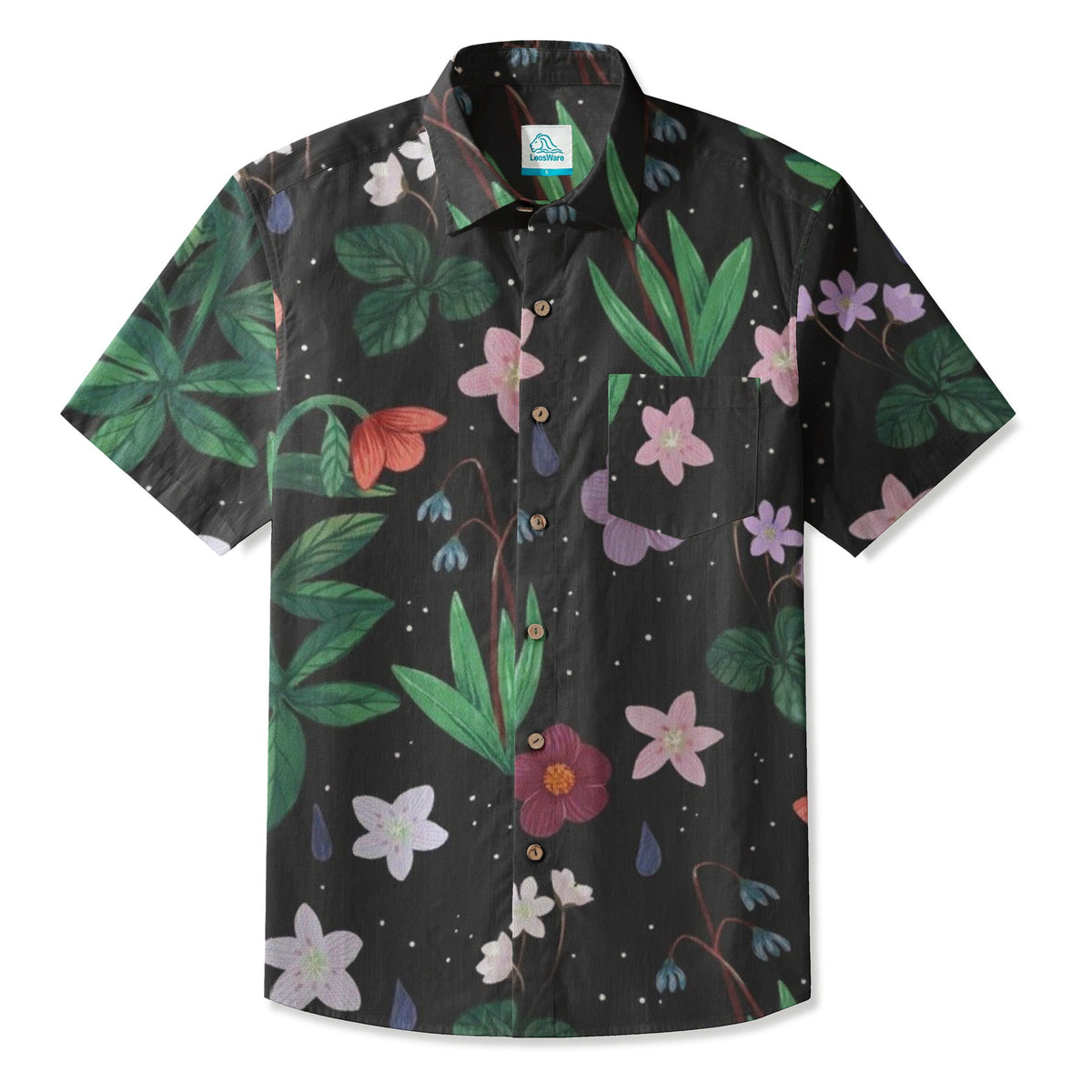 LeosWare® Men's Hawaiian Shirt Short Sleeve Button-up 95% Polyester, 5% Spandex Aloha Midnight Meadow